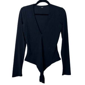 Alix NYC Black Deep V Long Sleeve Bodysuit L Stretch Fitted Snap A16